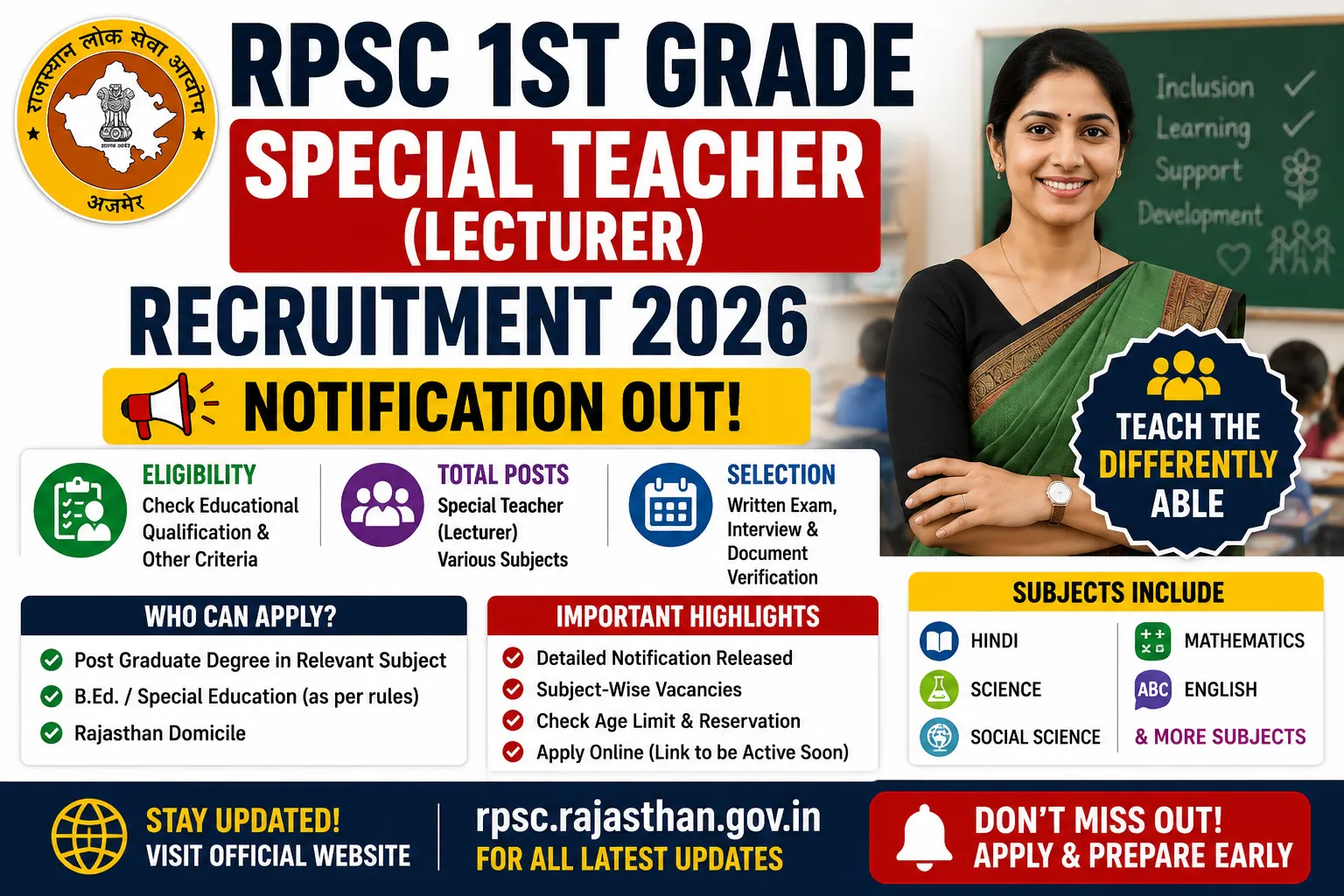 RPSC 1st Grade Special Teacher (Lecturer) Recruitment 2026