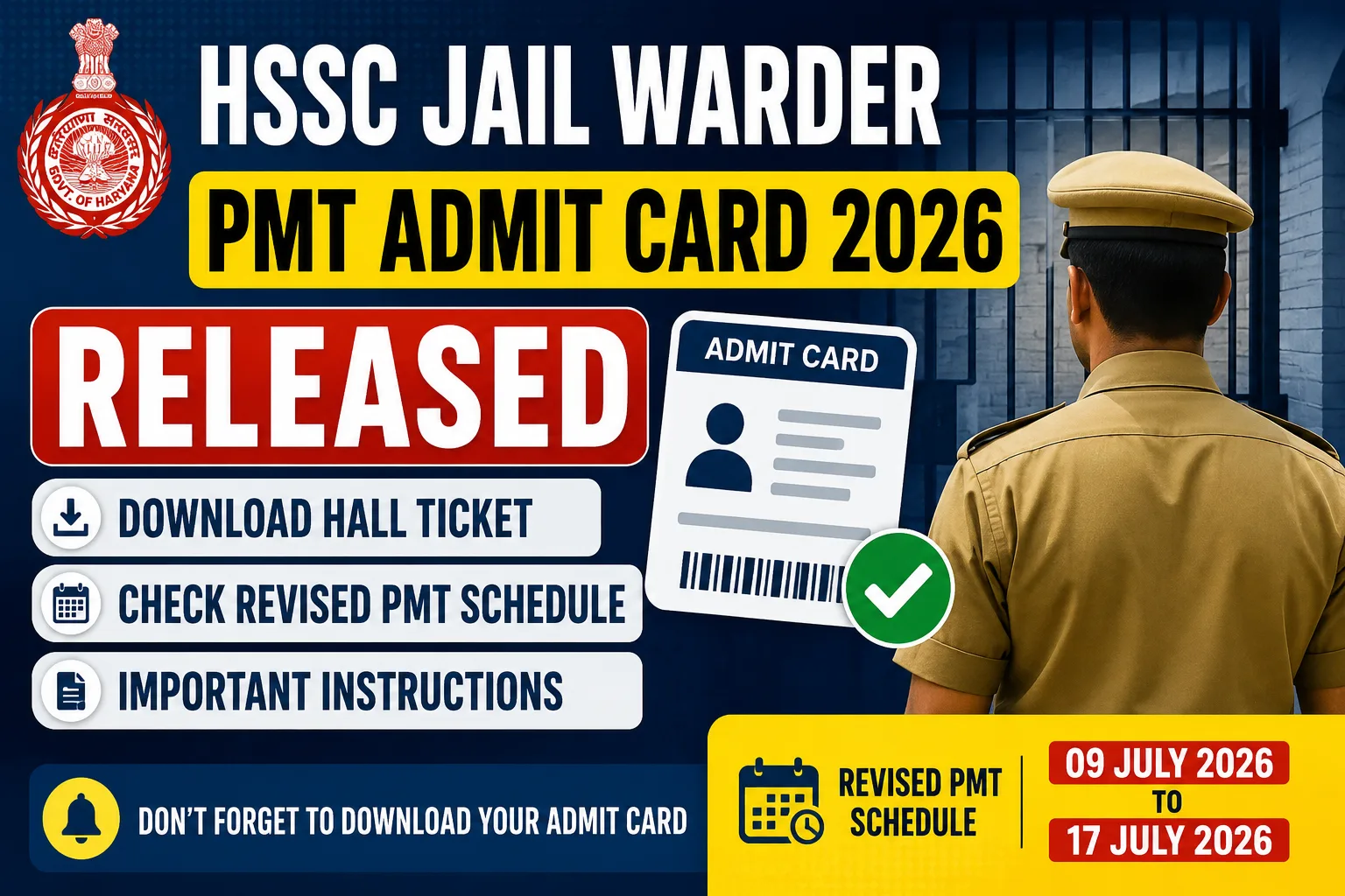 HSSC Jail Warder PMT Admit Card 2026