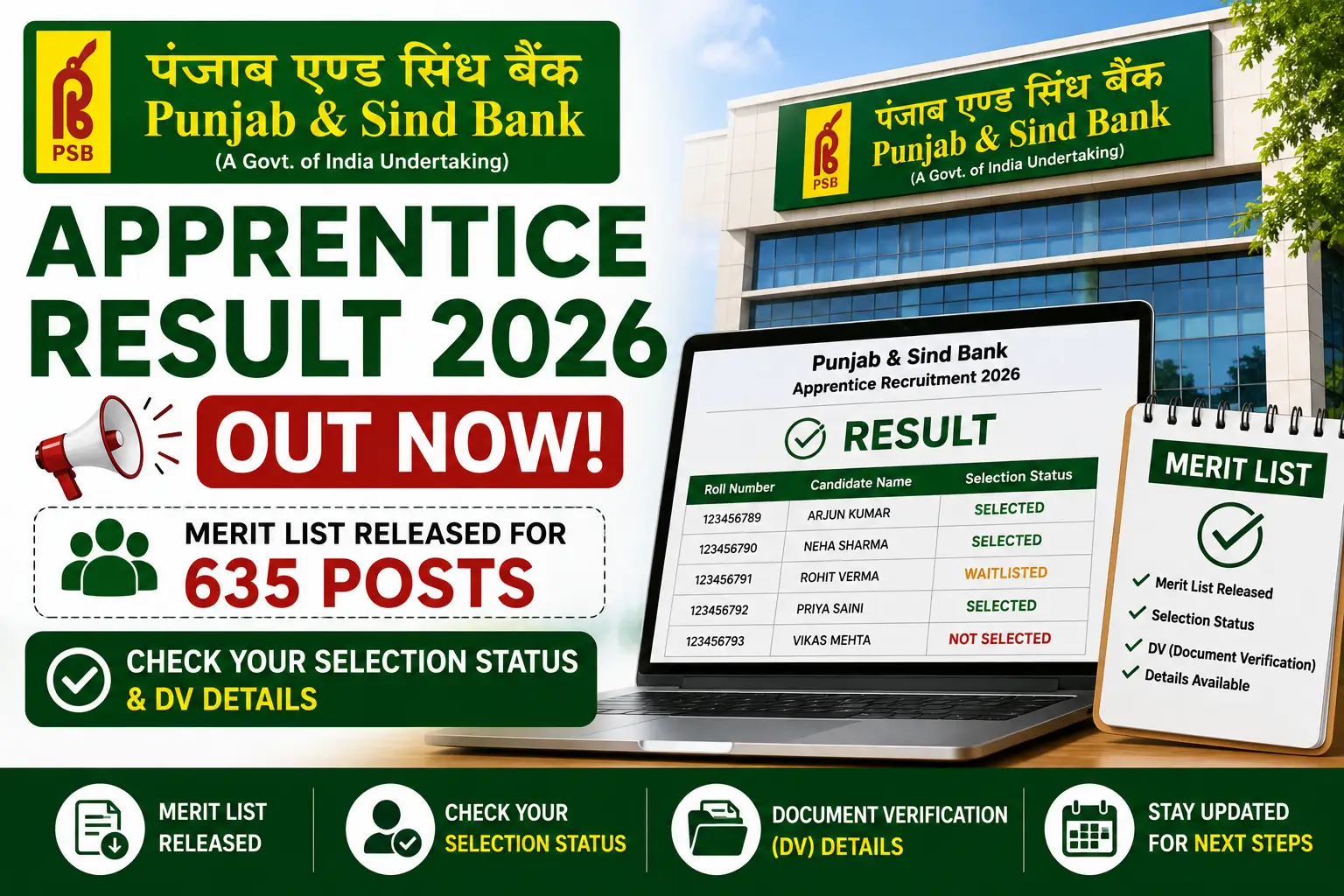 Punjab and Sind Bank Apprentice Result 2026